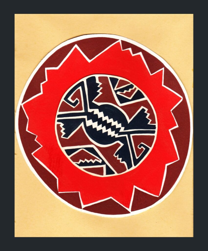 A photo of art made by Arinna. A circular design consists of several nested layers. Outermost is a maroon circle. Within it, is a bright red shattered shape. Within that, another circle, this time containing a geometric maroon, black, and white design, comprising of zig-zags and a center circular element looking vaguely like a mouth with teeth. The whole nested circle sits on top of a tan-yellow background.