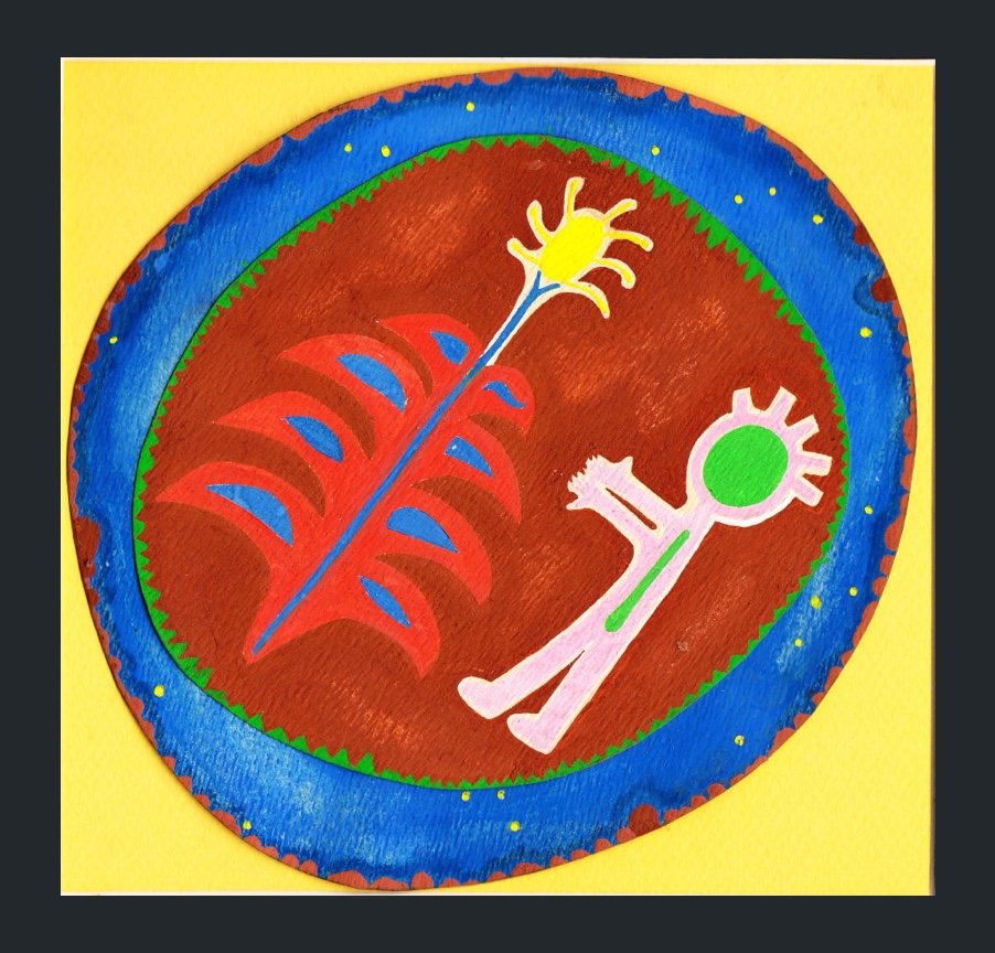 A photo of art made by Arinna. The design is circular on a bright yellow background. An earth colored circle has blue paint covering most of it, with the blue paint spun outwards, forming radial drips out towards the perimeter edge. The blue appears to be sky and has yellow stars dispersed. Inside the circle of sky is another circle of earthy rust red, which contains a zig-zag green border, narrow. Within the red circle is a plant and a figure, with hands outstretched toward the plant. The plant has 8 red leaves with blue tear-dropped centers, and a blue stem. Atop it is growing a yellow fruiting body, perhaps corn. The figure is pink, in a vaguely Keith Haring style, with lime green fill. Its hair is reprensented by 4 thick radially emanating pink lines. The hands of the figure have tiny, pointed fingers, with thumps pointing opposite each other, one towards the ground and one towards the sky.