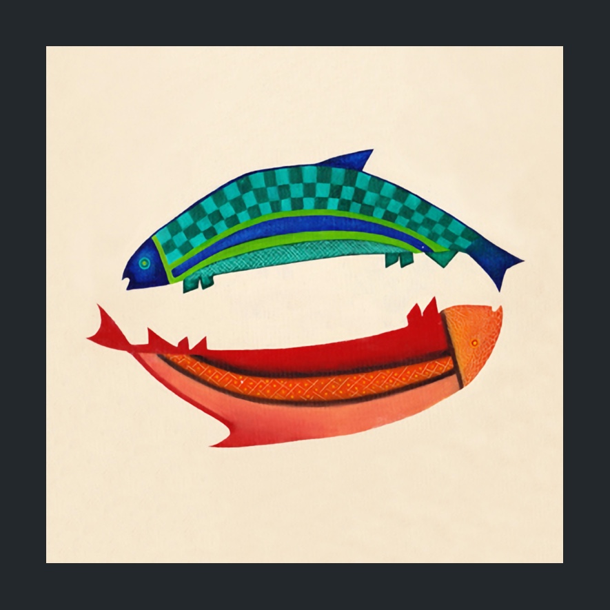 A photo of art made by Arinna. Two fish are depicted on a tan background. The fish are forming a circle, with each fish's mouth at the other's tail. The top fish is blue with teal and green checkered scales, with blue and green stripes on its belly. It has deep blue fins and head. The bottom fish is red-orange and has diagonal diamond scales with a light orange dot at the center of each scale. Its head is orange and its bell and fins red.