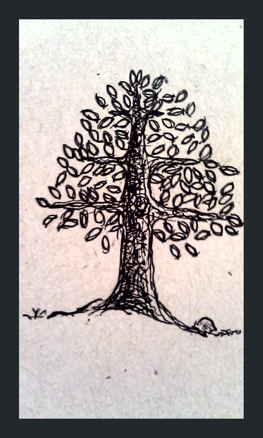 A photo of art made by Arinna. The art is a line drawing in black ink of a tree, titled "Tree of Bobby". The tree is growing from a small mound in the earth, and has a broad stump, and many almonds shaped leaves. The trunk of the tree is shaded with sketchy cross-hatching in a casual style.